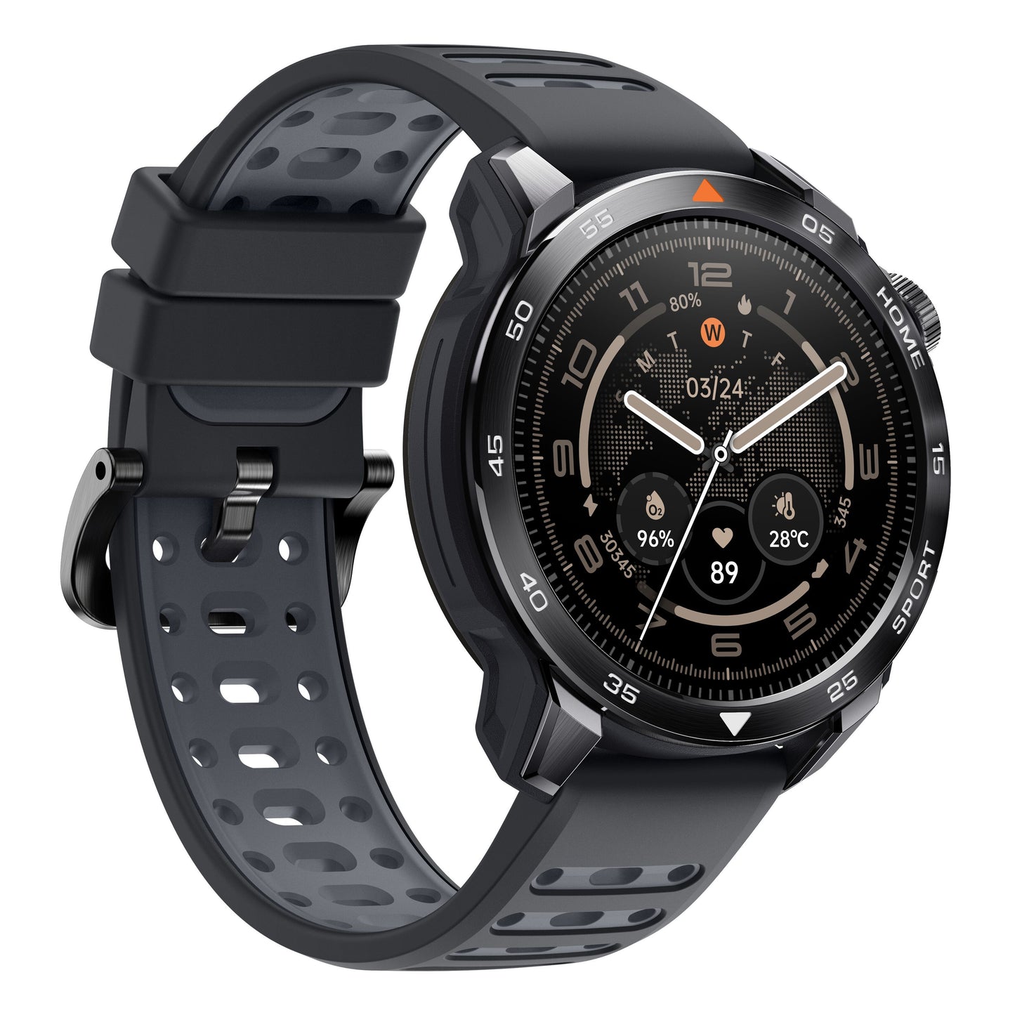 Mibro GS Pro2 smartwatch sort, rundt display med tid, dato, puls, vejr og sport, GPS, perforeret sort silikonerem, sideknapper.
