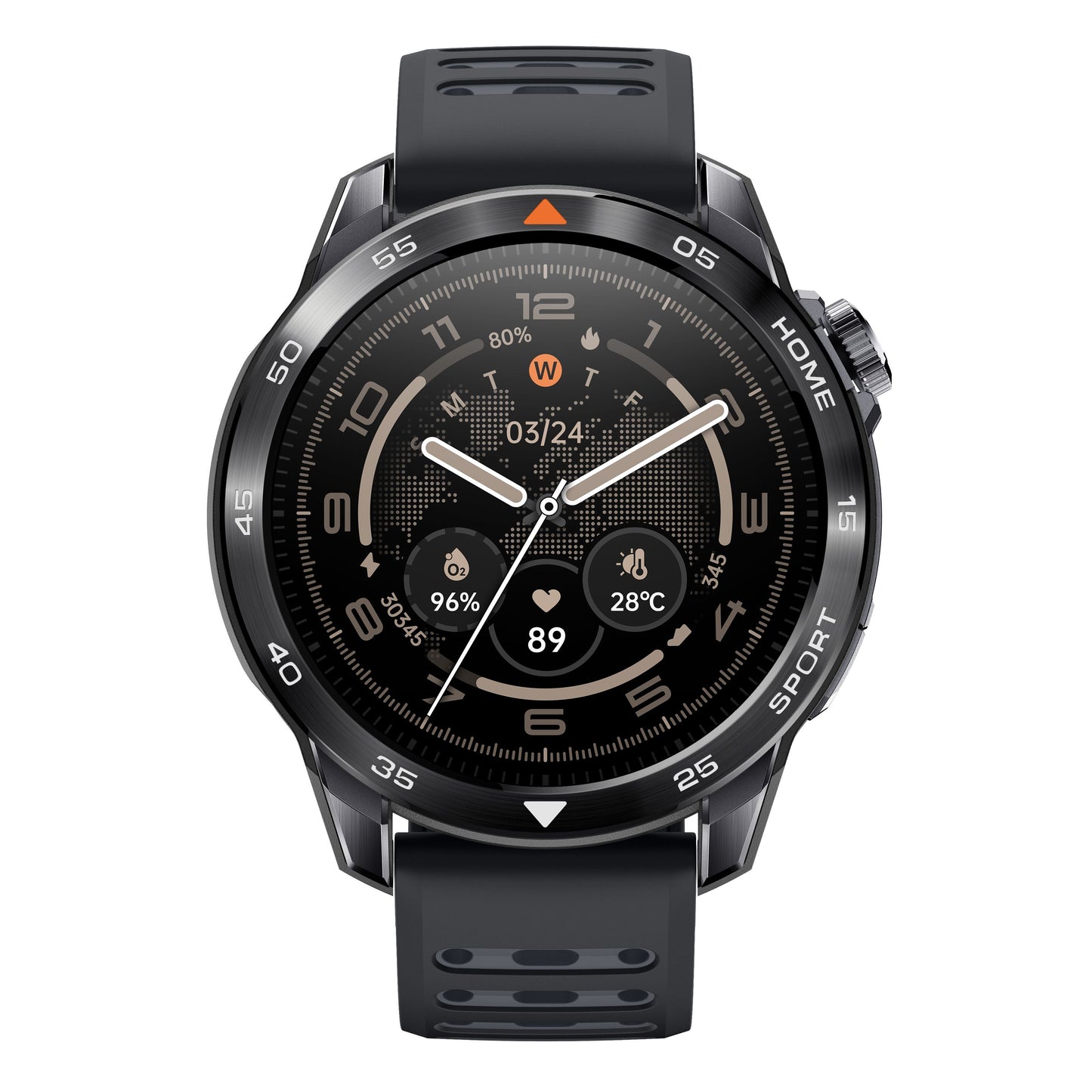 Mibro GS Pro2 smartwatch sort, rund urskive med dato, tid, batteri, vejr, fitnessdata, GPS og markeret ramme med knapper.
