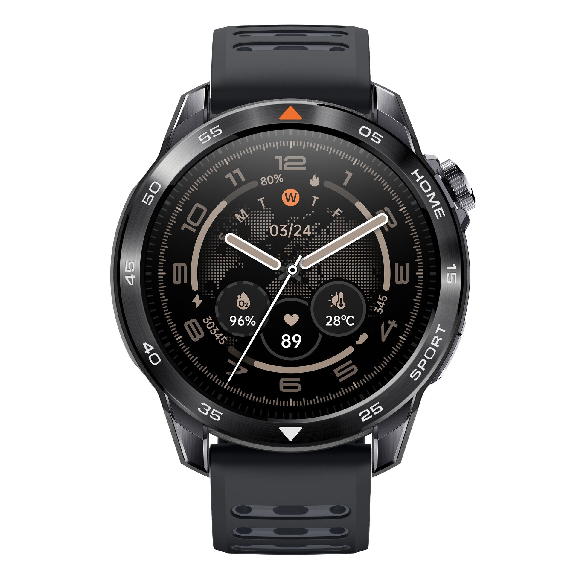 Mibro GS Pro2 smartwatch sort, rund urskive med dato, tid, batteri, vejr, fitnessdata, GPS og markeret ramme med knapper.