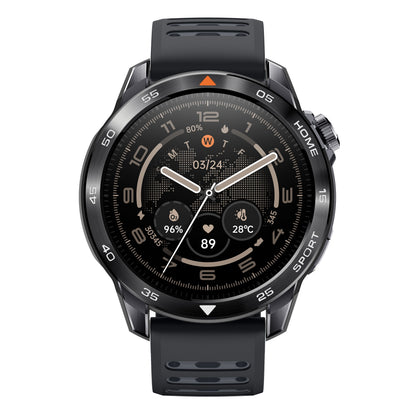 Mibro GS Pro2 smartwatch sort, rund urskive med dato, tid, batteri, vejr, fitnessdata, GPS og markeret ramme med knapper.