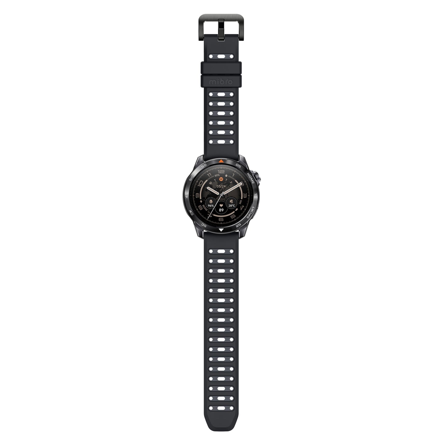 Mibro GS Pro2 smartwatch sort med runde urskiver, digitale urskiver, sportsfunktioner og sort perforeret silikonerem.