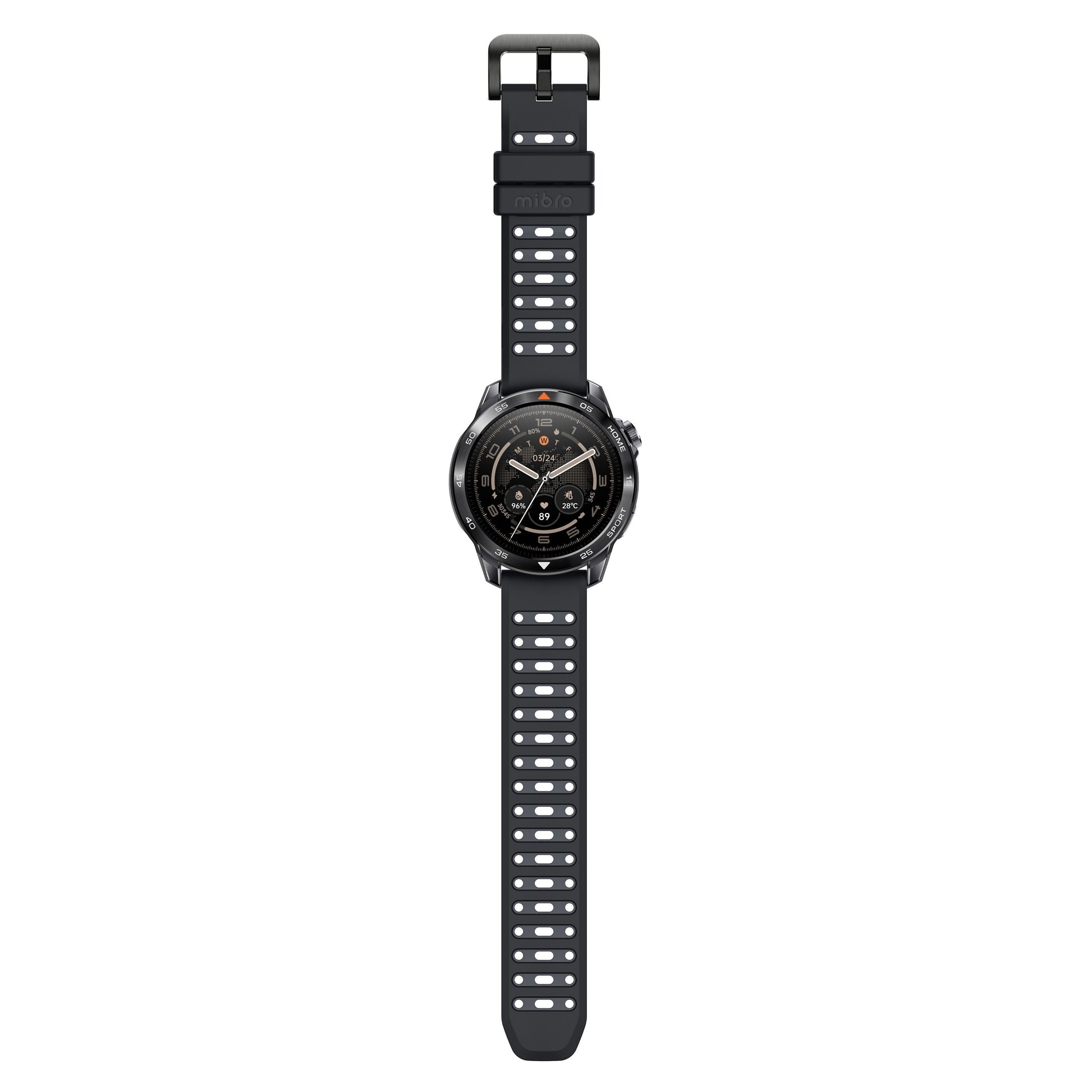 Mibro GS Pro2 smartwatch sort med runde urskiver, digitale urskiver, sportsfunktioner og sort perforeret silikonerem.