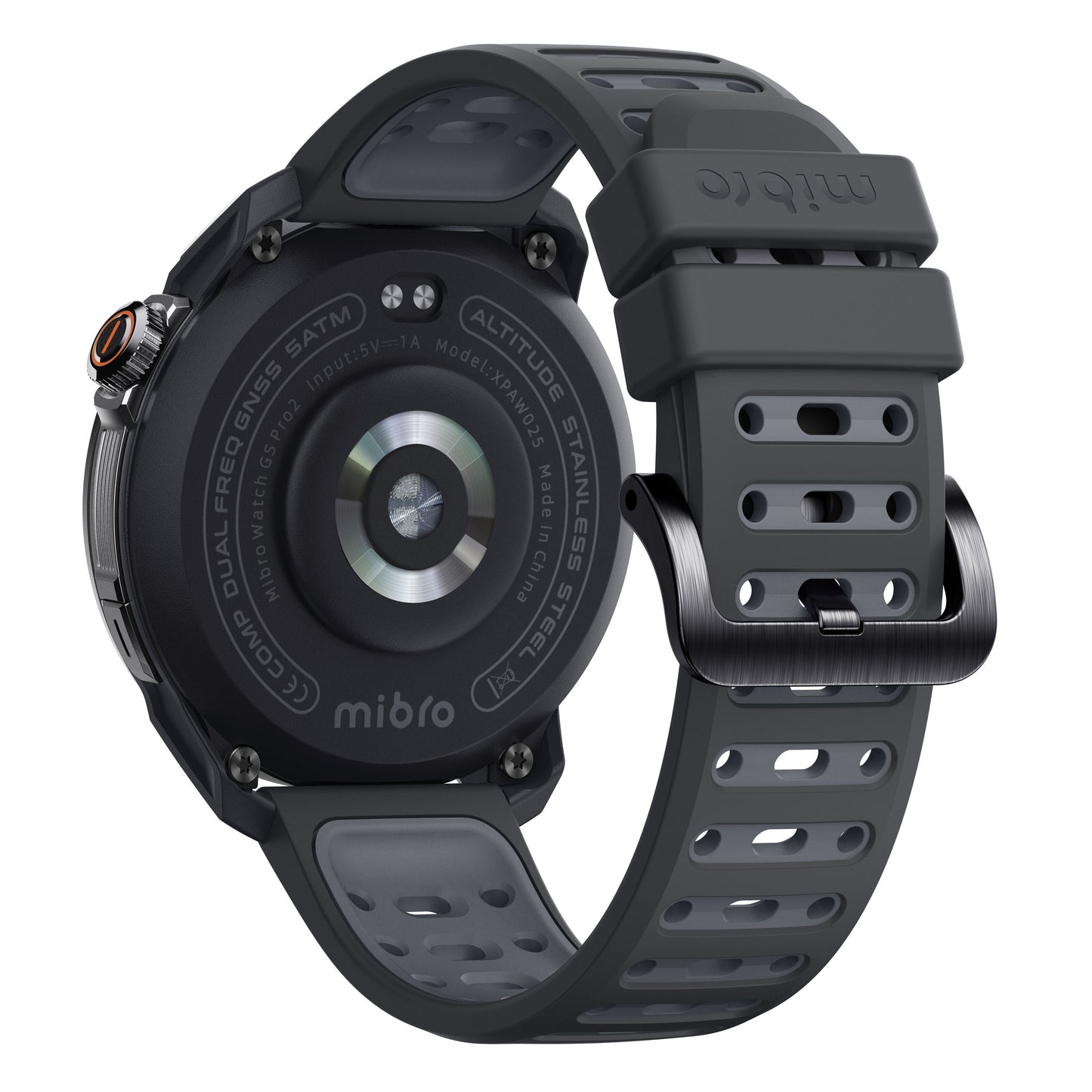 Mibro GS Pro2 Sort smartwatch bagside med pulssensor, GPS-sport, ladepunkter, grå silikonerem og sort metalspænde.