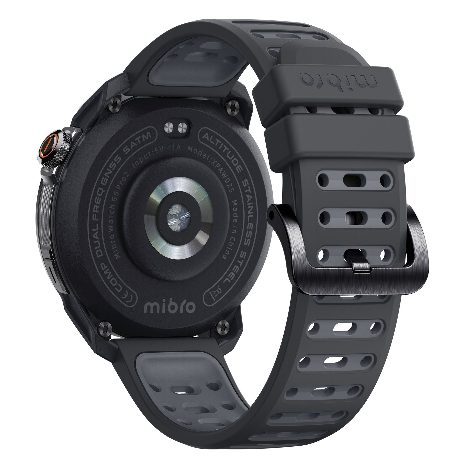 Mibro GS Pro2 Sort smartwatch bagside med pulssensor, GPS-sport, ladepunkter, grå silikonerem og sort metalspænde.