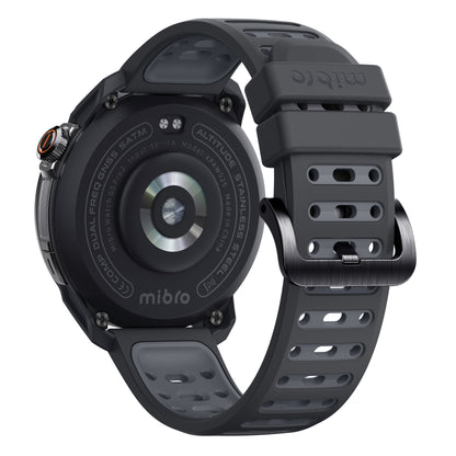 Mibro GS Pro2 Sort smartwatch bagside med pulssensor, GPS-sport, ladepunkter, grå silikonerem og sort metalspænde.
