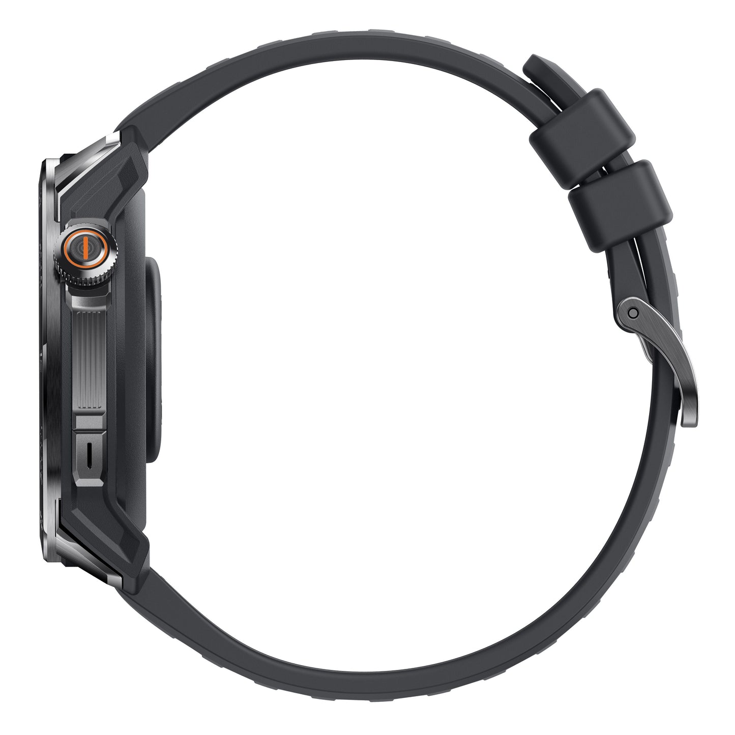 Mibro GS Pro2 sort smartwatch med GPS, tekstureret sølvfarvet urkasse, orange kroneknap, mørkegråt silikonearmbånd.
