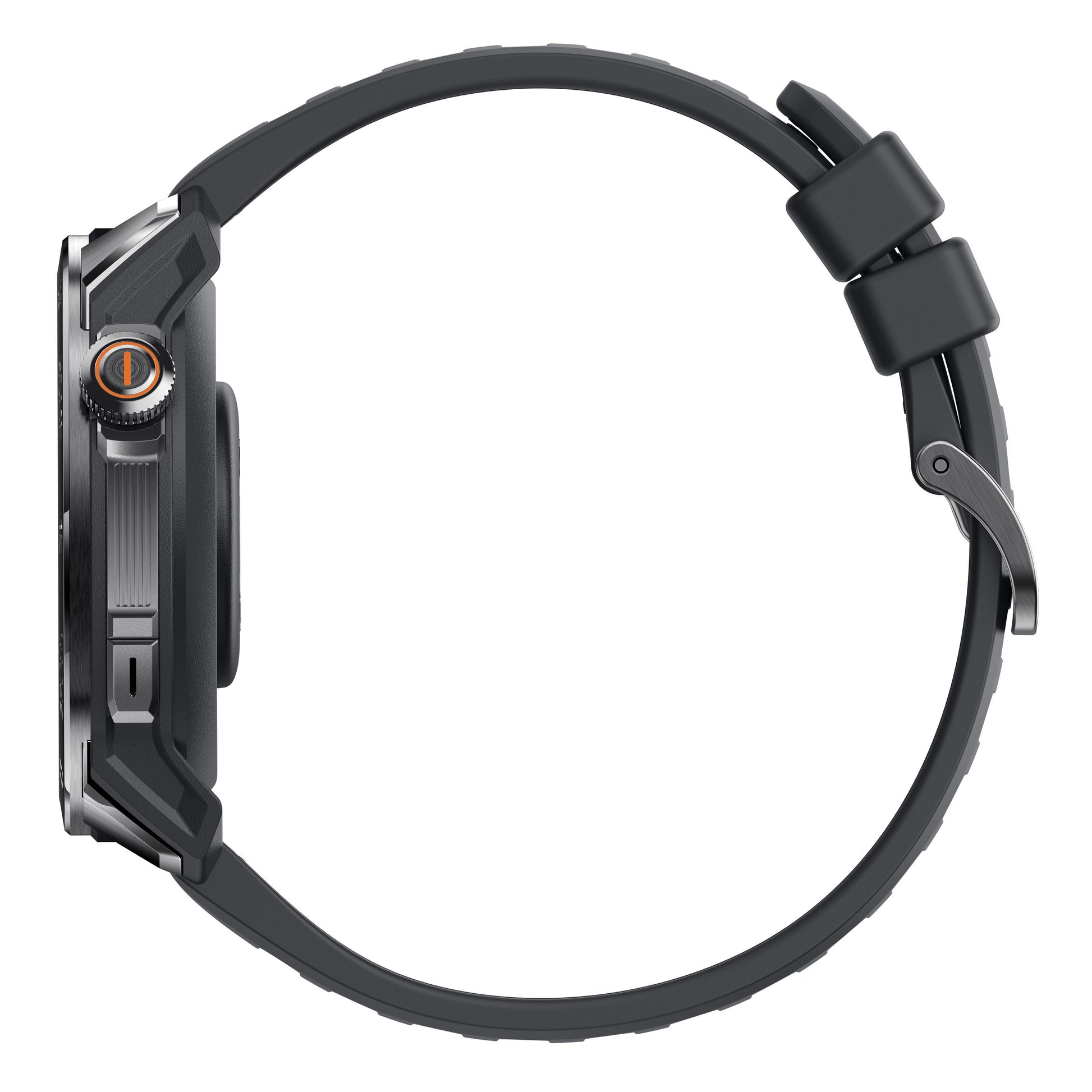Mibro GS Pro2 sort smartwatch med GPS, tekstureret sølvfarvet urkasse, orange kroneknap, mørkegråt silikonearmbånd.