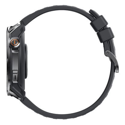 Mibro GS Pro2 sort smartwatch med GPS, tekstureret sølvfarvet urkasse, orange kroneknap, mørkegråt silikonearmbånd.