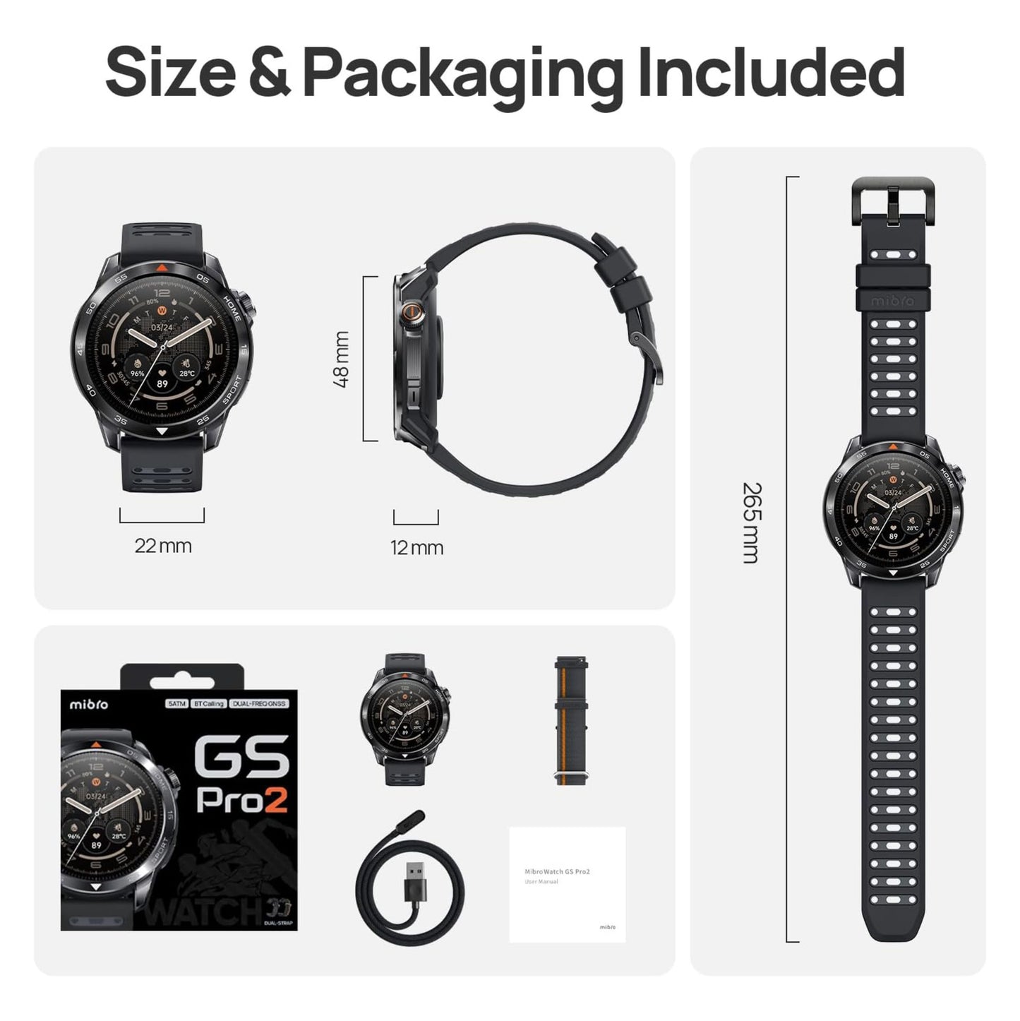 Mibro GS Pro2 sort smartwatch med GPS og sportsfunktioner, vises forfra og fra siden, inkl. bokse, oplader, ekstra rem, manual.