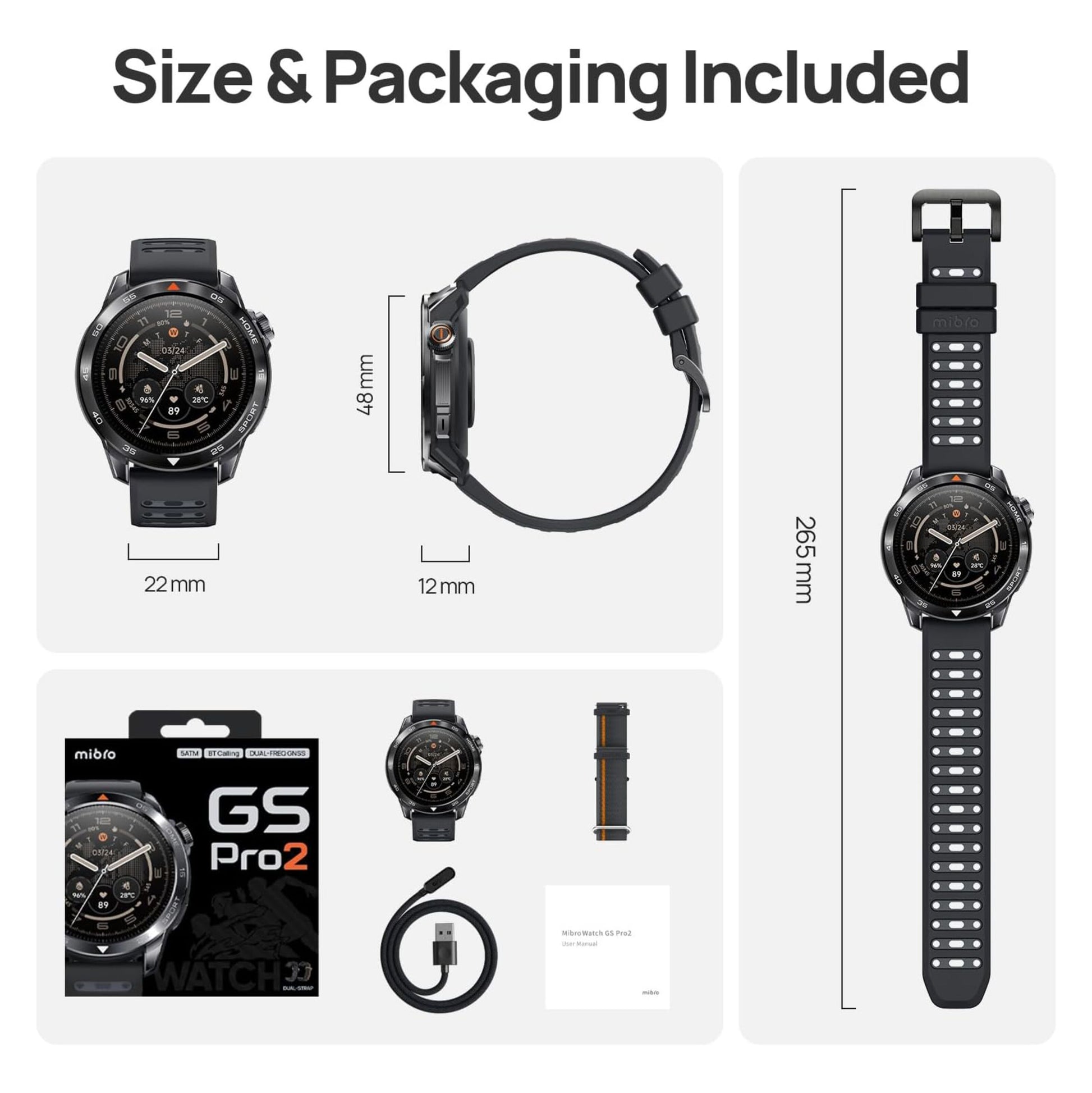 Mibro GS Pro2 sort smartwatch med GPS og sportsfunktioner, vises forfra og fra siden, inkl. bokse, oplader, ekstra rem, manual.