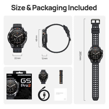 Mibro GS Pro2 sort smartwatch med GPS og sportsfunktioner, vises forfra og fra siden, inkl. bokse, oplader, ekstra rem, manual.