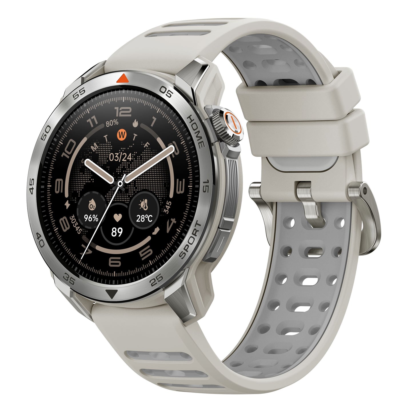 Mibro GS Pro2 Beige smartwatch med GPS, sort rund skærm, sølv urkasse og lys grå perforeret silikonerem.