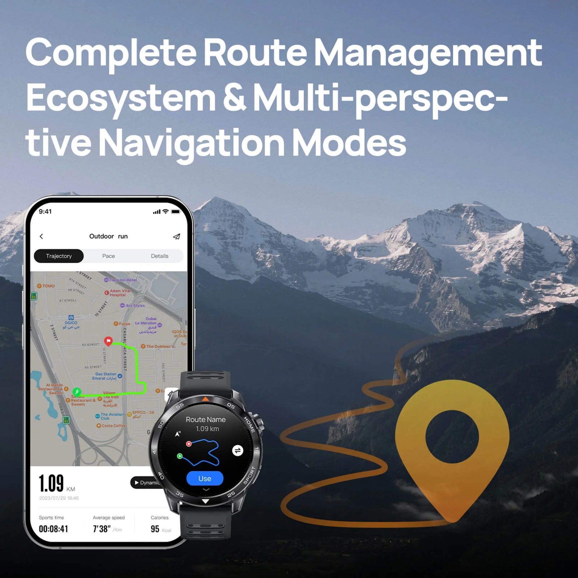 Mibro GS Pro2 beige smartphone og smartwatch med sportsfunktioner, GPS-rute på skærm, stor map pin og tekst om navigation.