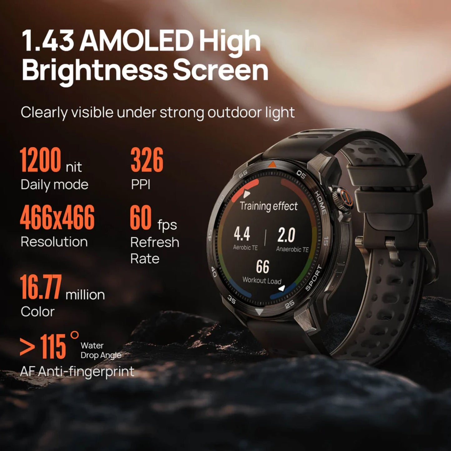 Mibro GS Pro2 Beige smartwatch med rund 1,43" AMOLED-skærm 466x466, 326 PPI, 60Hz, 1200 nits og GPS sportsfunktioner.