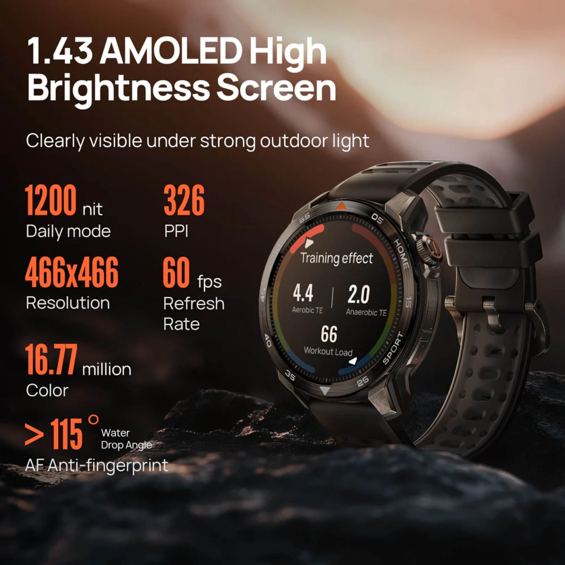 Mibro GS Pro2 Beige smartwatch med rund 1,43" AMOLED-skærm 466x466, 326 PPI, 60Hz, 1200 nits og GPS sportsfunktioner.