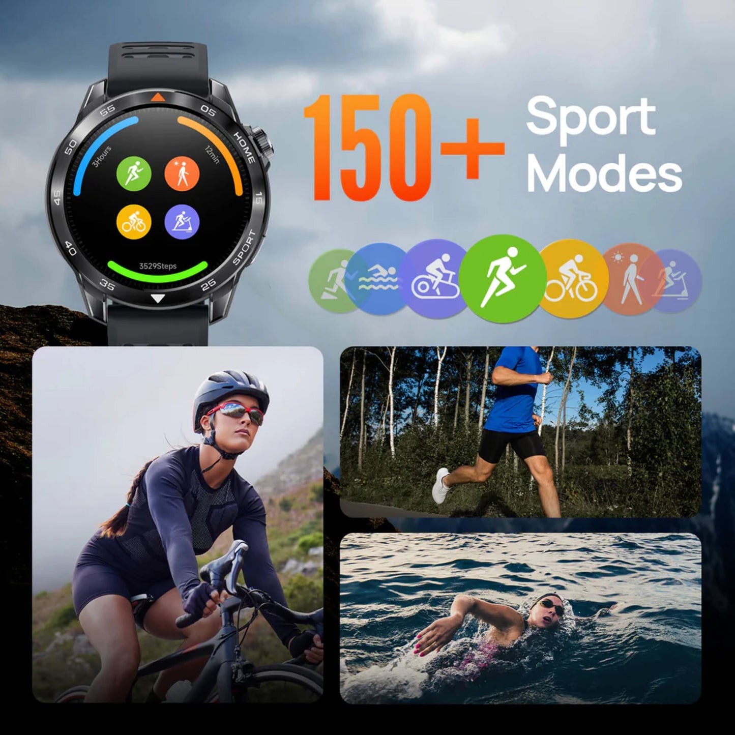 Mibro GS Pro2 beige smartwatch med GPS, 150+ sportstilstande, ikoner til cykling, løb, svømning og vandring.