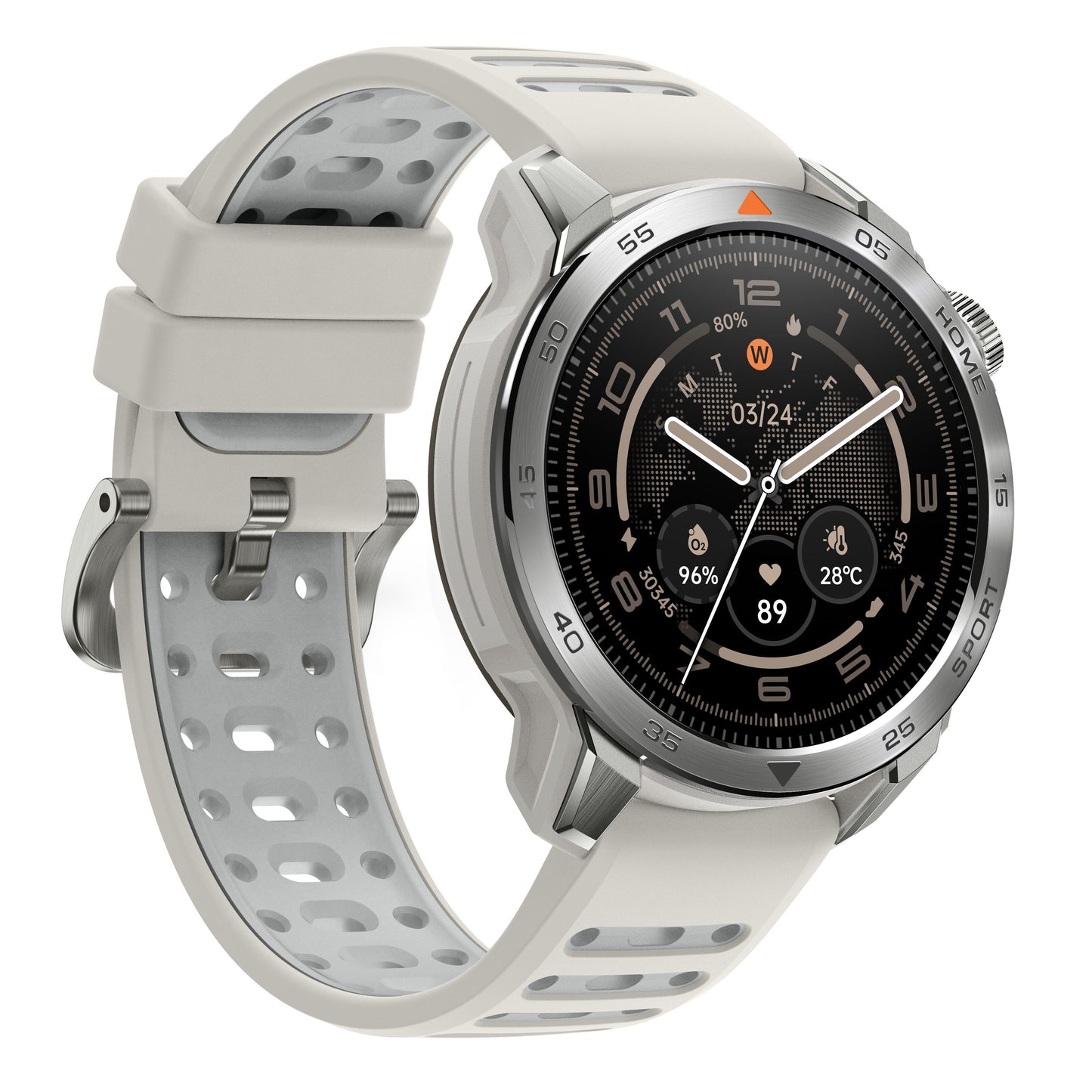 Mibro GS Pro2 beige smartwatch med GPS, sort rund skærm til sundheds- og vejrinformation, grå perforeret silikonerem.