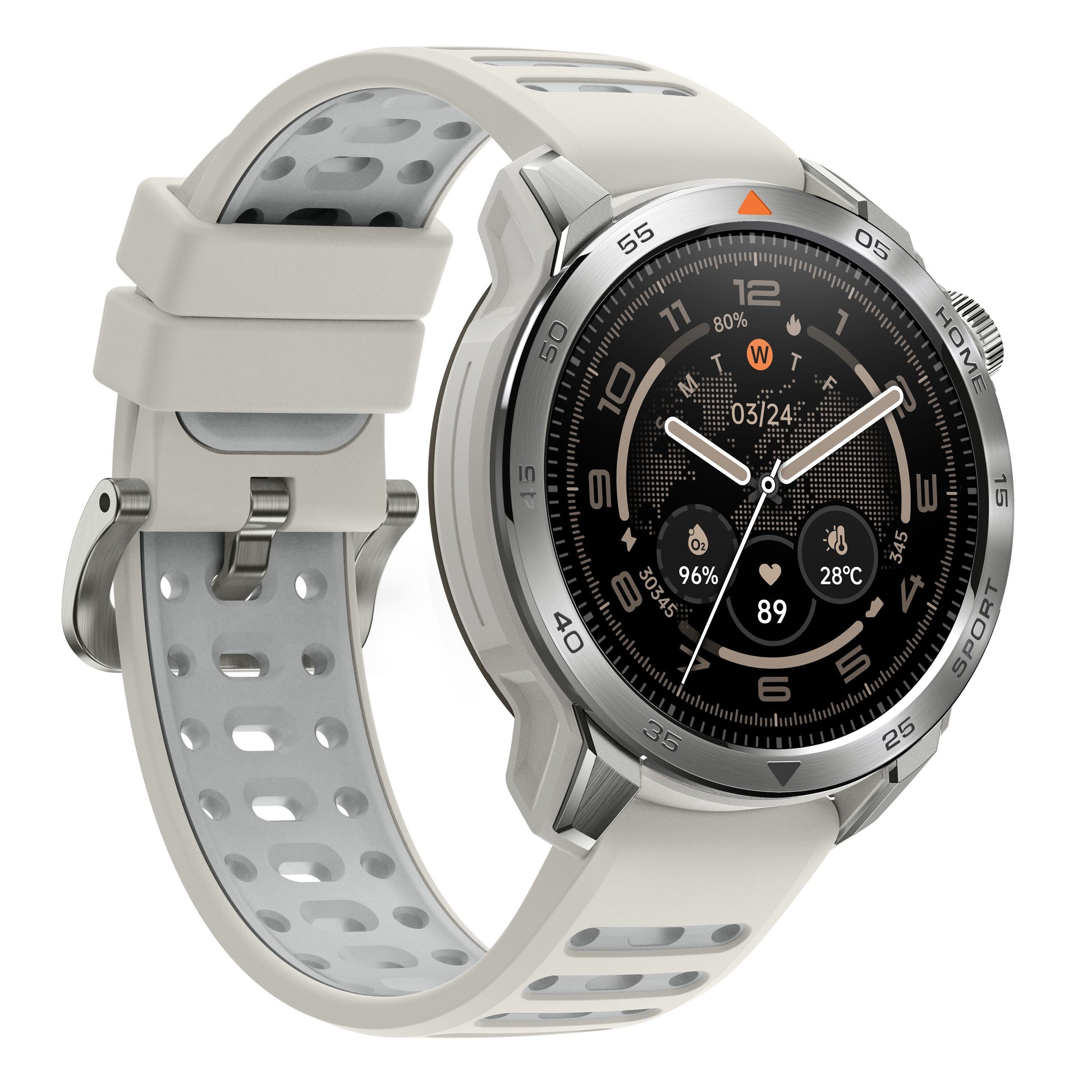 Mibro GS Pro2 beige smartwatch med GPS, sort rund skærm til sundheds- og vejrinformation, grå perforeret silikonerem.