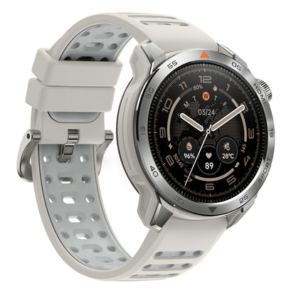 Mibro GS Pro2 beige smartwatch med GPS, sort rund skærm til sundheds- og vejrinformation, grå perforeret silikonerem.
