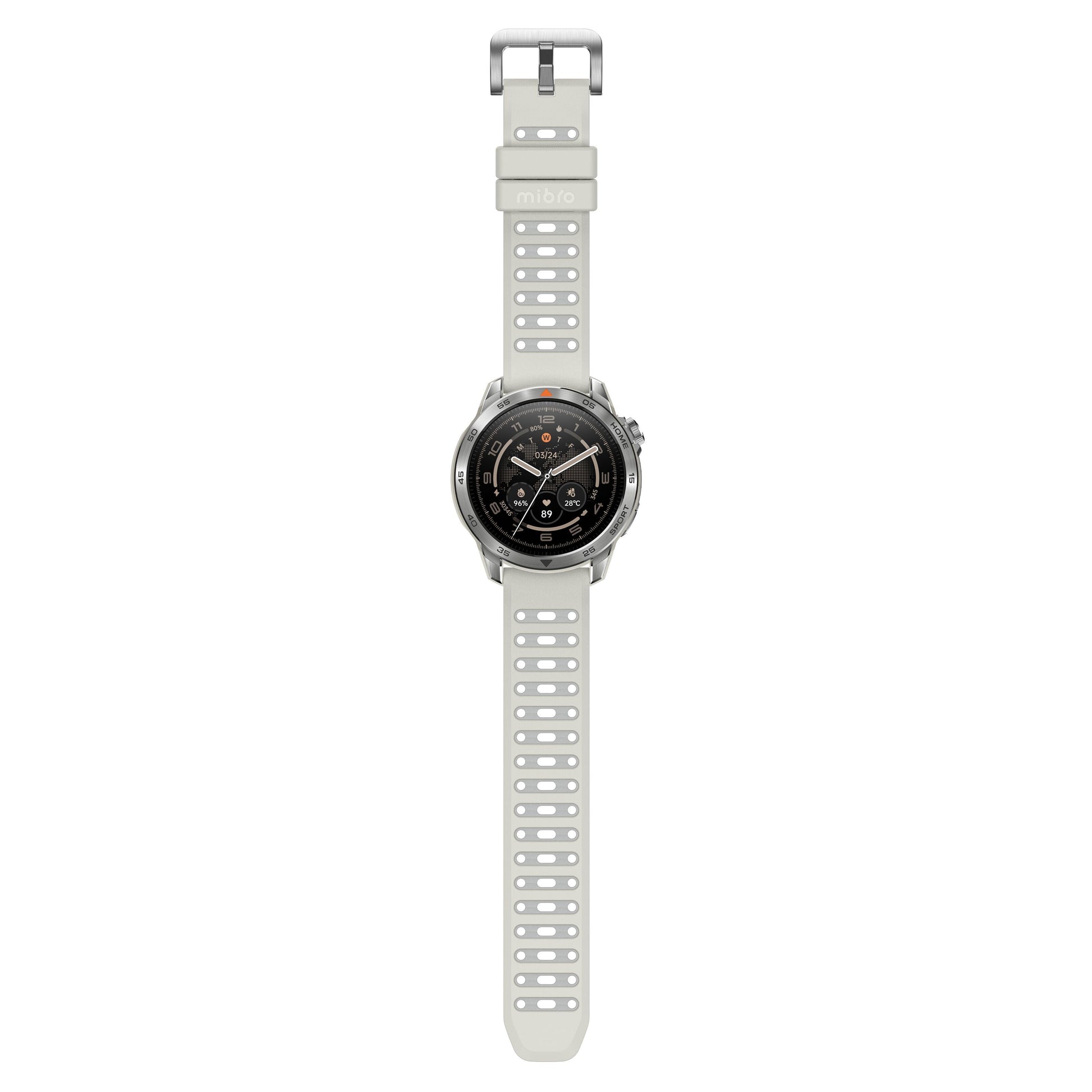 Mibro GS Pro2 smartwatch beige med GPS, sportsfunktioner, sort rund digital skærm, lysegrå perforeret silikonerem.