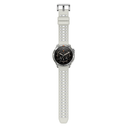 Mibro GS Pro2 smartwatch beige med GPS, sportsfunktioner, sort rund digital skærm, lysegrå perforeret silikonerem.