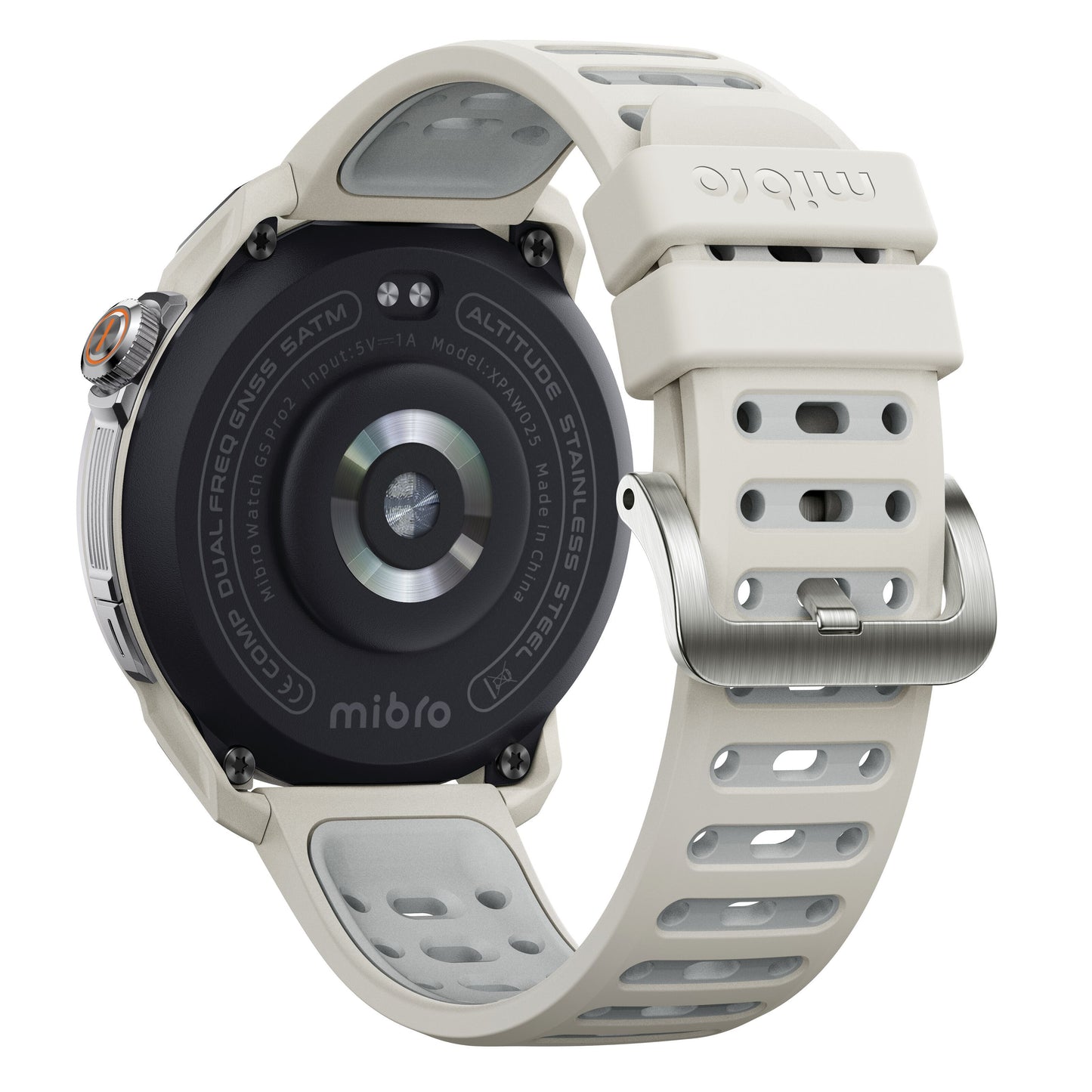 Mibro GS Pro2 Beige bagfra med hvid perforeret silikonerem, rund sensor, metalspænde og Mibro-logo på rem og urkasse.