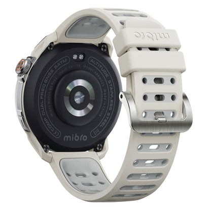 Mibro GS Pro2 Beige bagfra med hvid perforeret silikonerem, rund sensor, metalspænde og Mibro-logo på rem og urkasse.