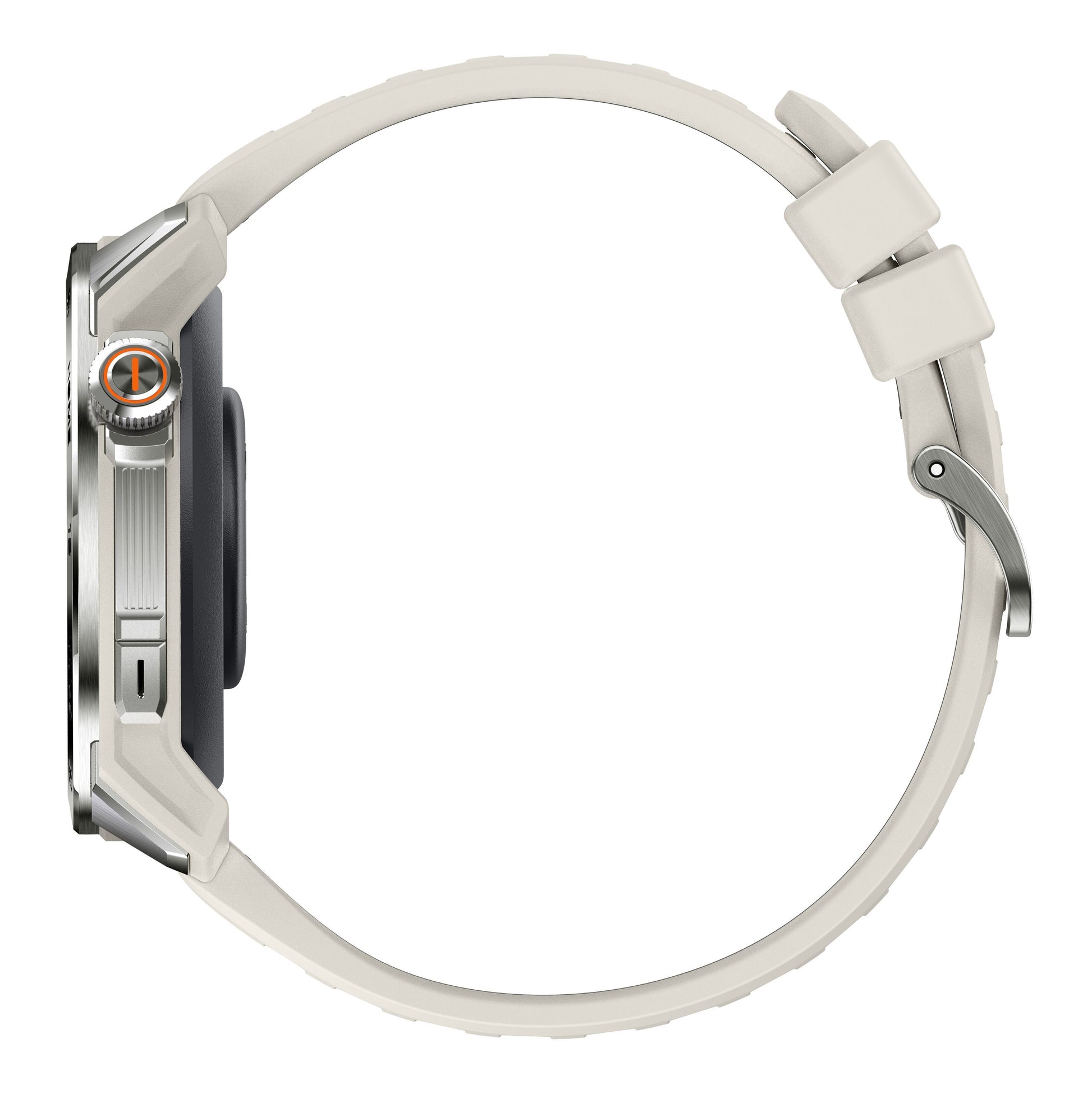 Mibro GS Pro2 beige GPS smartwatch, sølv urkasse, orange-detalje på krone, lys silikonerem med metalspænde, sidevisning.