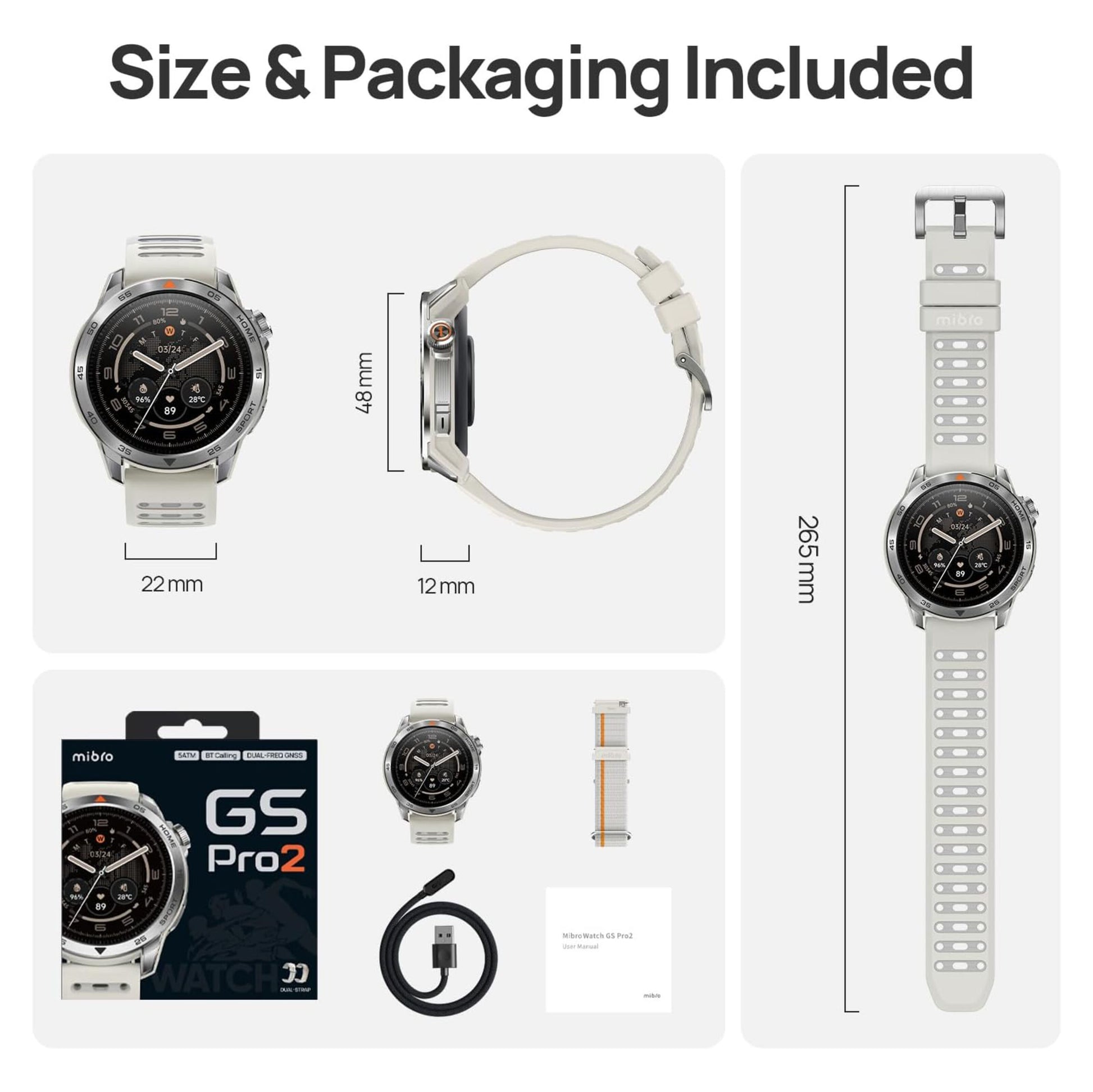 Mibro GS Pro2 Beige smartwatch med rund skærm, hvid rem, sport og GPS, set forfra, fra siden og fladt, 22x49x12mm rem 265mm.
