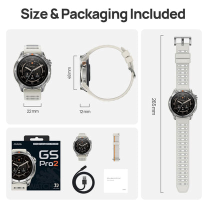 Mibro GS Pro2 Beige smartwatch med rund skærm, hvid rem, sport og GPS, set forfra, fra siden og fladt, 22x49x12mm rem 265mm.