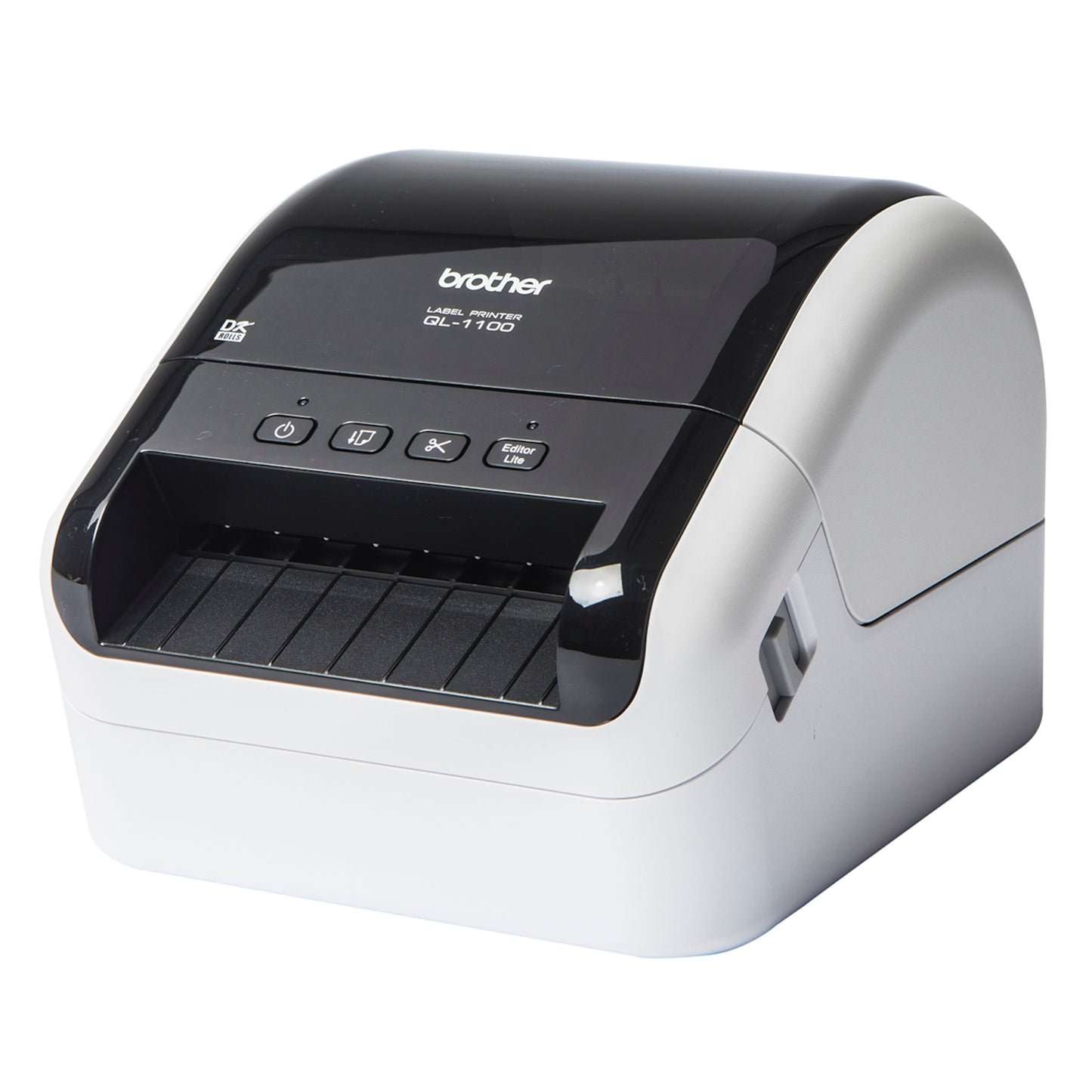 Brother QL-1100 etiketprinter, sort-hvid, kontrolknapper og papirslot foran til udskrivning af etiketter.