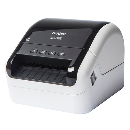 Brother QL-1100 etiketprinter, sort-hvid, kontrolknapper og papirslot foran til udskrivning af etiketter.