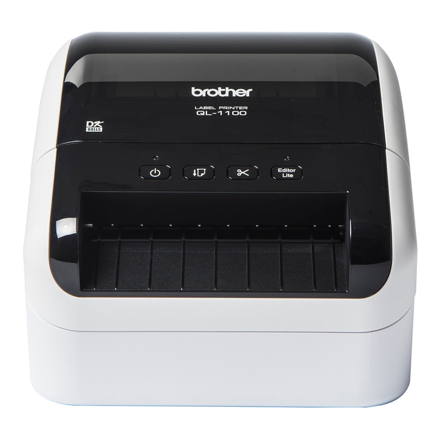Brother QL-1100 etiketprinter sort/hvid med frontknapper og Brother-logo på toppen.