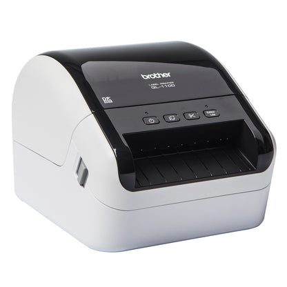 Brother QL-1100 etiketprinter med hvid front, sort top, kontrolknapper og åbning til etiketter foran.