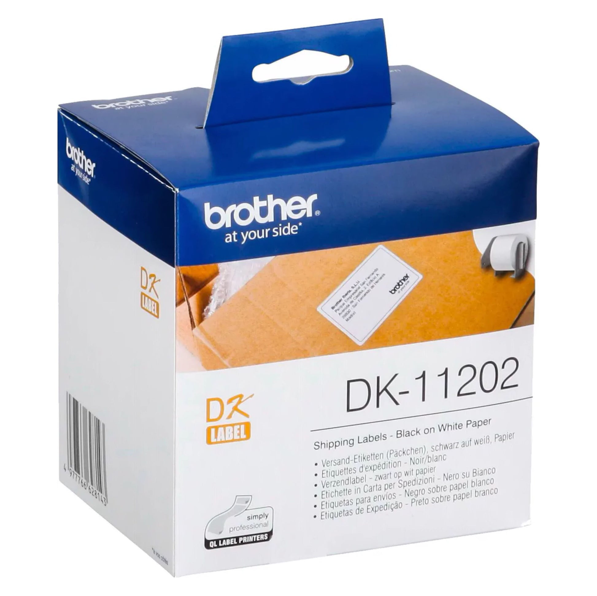Brother SE-11202 fragtetiketter sort på hvid, 62x100 mm, til QL-1100, blå/hvid æske med labelaftryk på forsiden.
