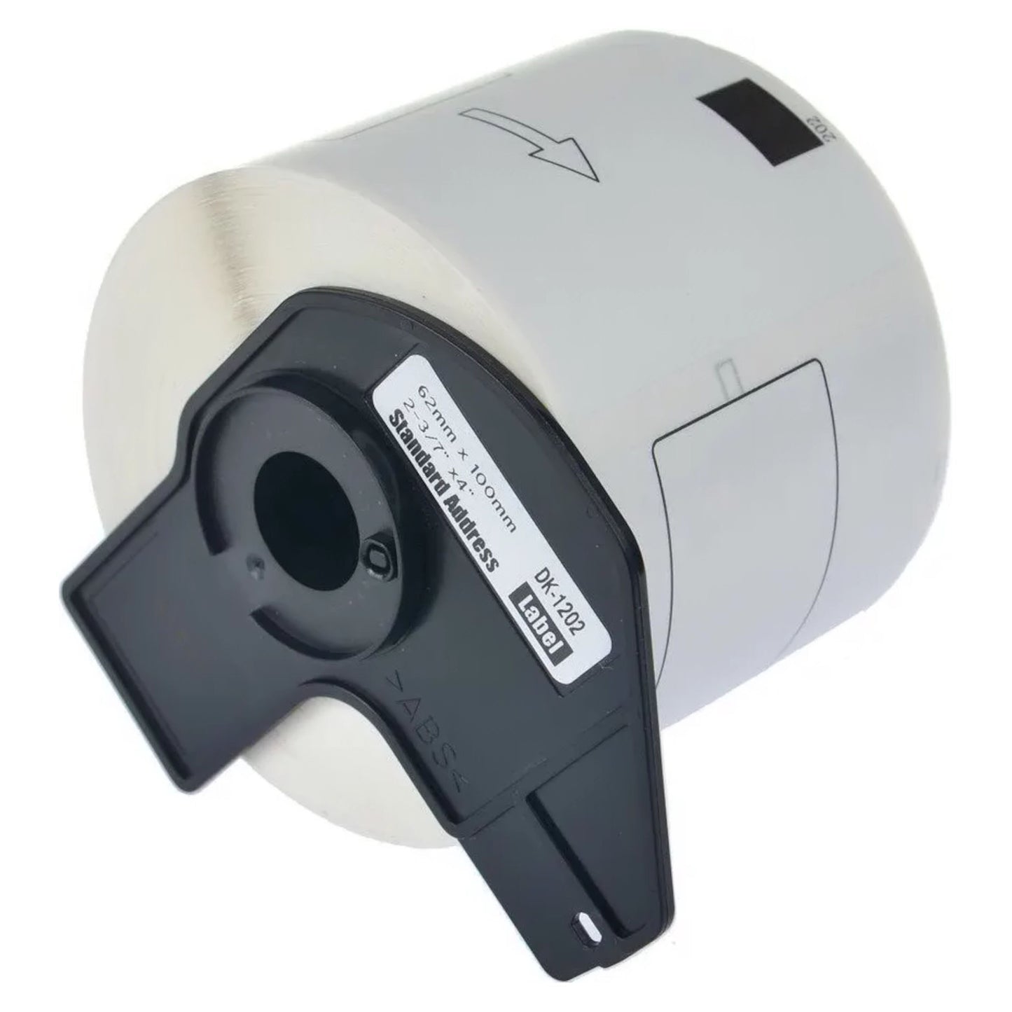 Brother SE-11202 fragtetiketter i sort holder, label "62mm x 100mm", kompatibel med QL-1100, pil viser fremføringsretning.