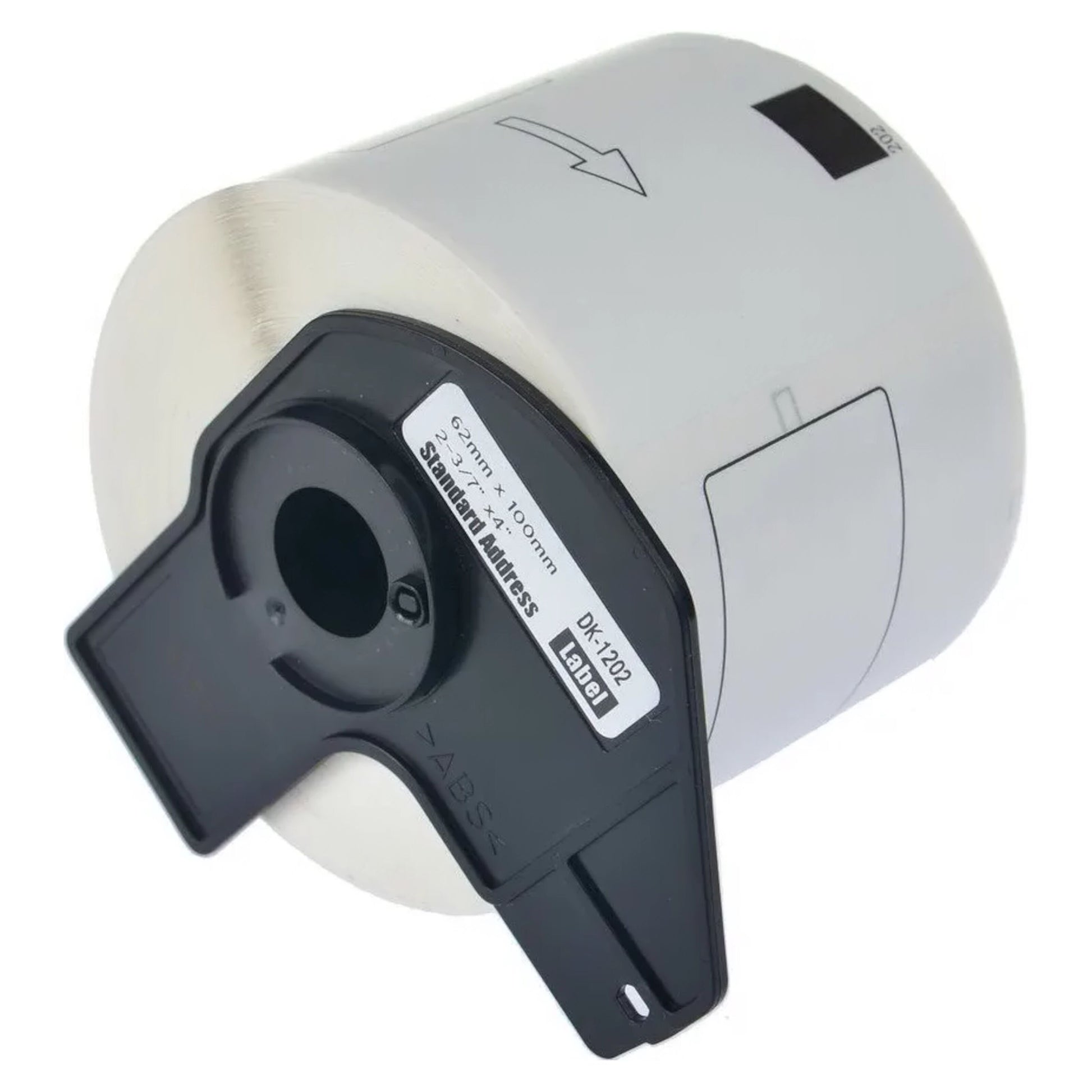 Brother SE-11202 fragtetiketter i sort holder, label "62mm x 100mm", kompatibel med QL-1100, pil viser fremføringsretning.