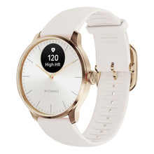 Withings Scanwatch Light smartur 37 mm rosaguld, hvidt bånd, klassisk urskive, puls 120 High HR med hjerteikon på skærm.