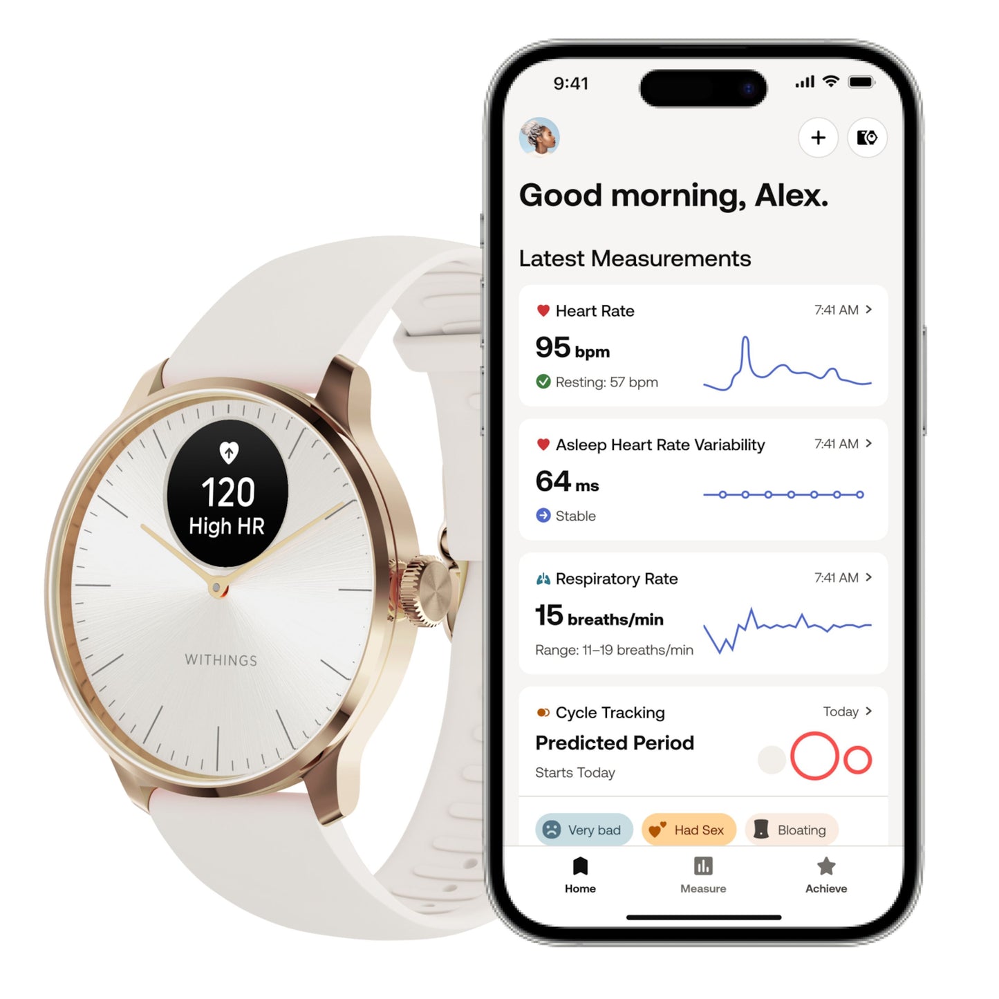 Withings Scanwatch Light smartur 37 mm rosaguld, viser puls 120 ved smartphone med synlige sundhedsdata for bruger Alex.