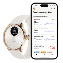 Withings Scanwatch Light smartur 37 mm rosaguld, viser puls 120 ved smartphone med synlige sundhedsdata for bruger Alex.