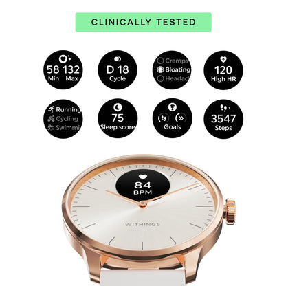 Withings Scanwatch Light smartur 37 mm rosaguld, klassisk urskive, 84 BPM vises, hjerteikoner, grønt "Clinically Tested"-mærke.