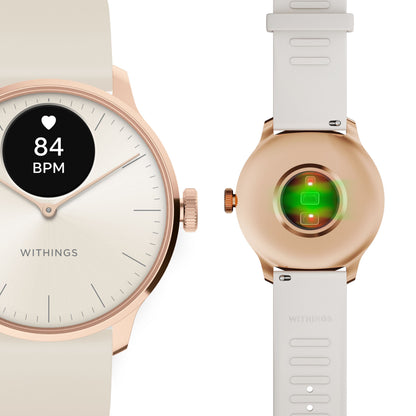 Withings Scanwatch Light smartur 37 mm rosaguld, klassisk urskive, puls på display 84 BPM, lys beige rem, sensorer bagpå.