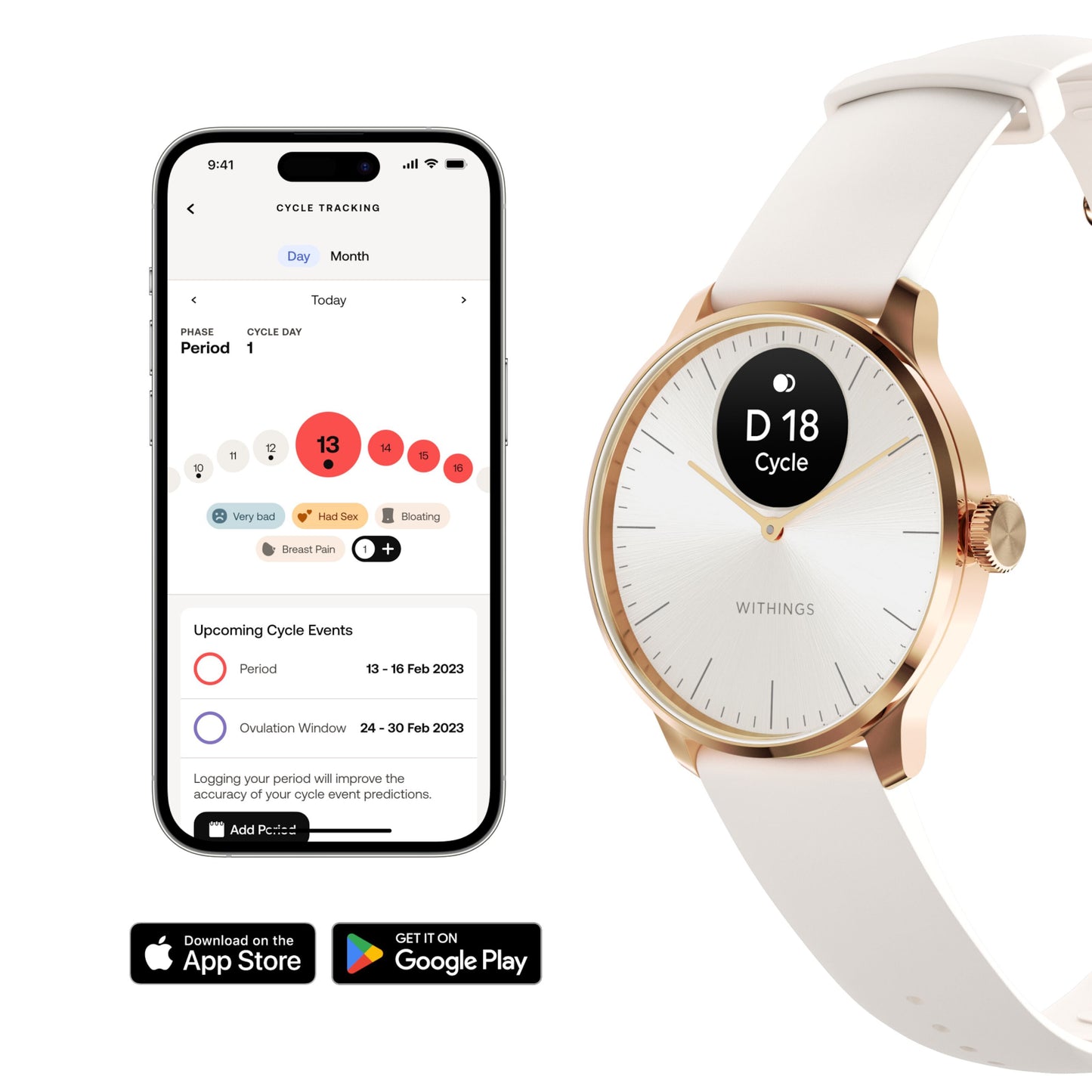 Withings ScanWatch Light smartur 37 mm rosaguld med cyklusvisning sammen med smartphone og App Store/Google Play-badges.