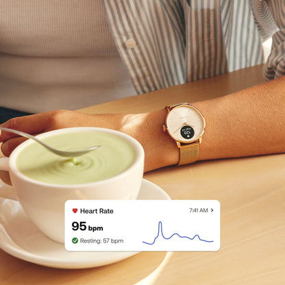 Withings Scanwatch Light smartur rosaguld 37 mm, klassisk urskive, display viser 95 bpm kl. 7:41, hvilepuls 57 bpm.