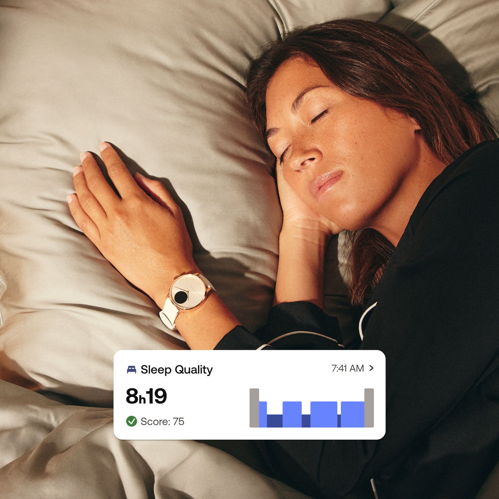 Withings Scanwatch Light smartur 37 mm rosaguld med klassisk urskive, søvnregistrering 8t19m, score 75, klokken 7:41.