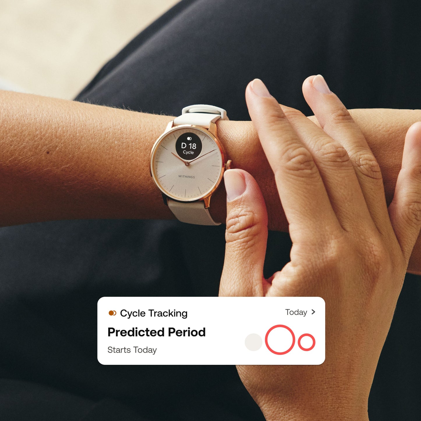 Withings Scanwatch Light smartur 37 mm rosaguld med klassisk urskive viser cyklus tracking dag 18 og notifikation.