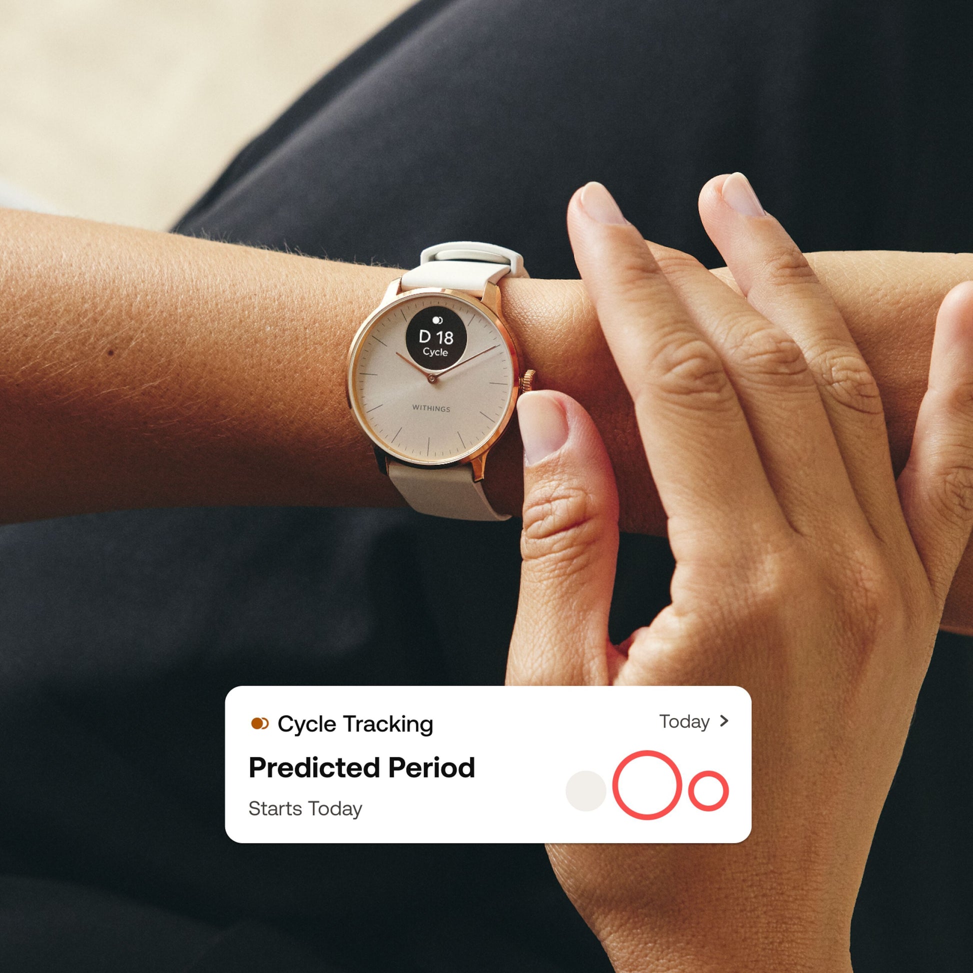 Withings Scanwatch Light smartur 37 mm rosaguld med klassisk urskive viser cyklus tracking dag 18 og notifikation.