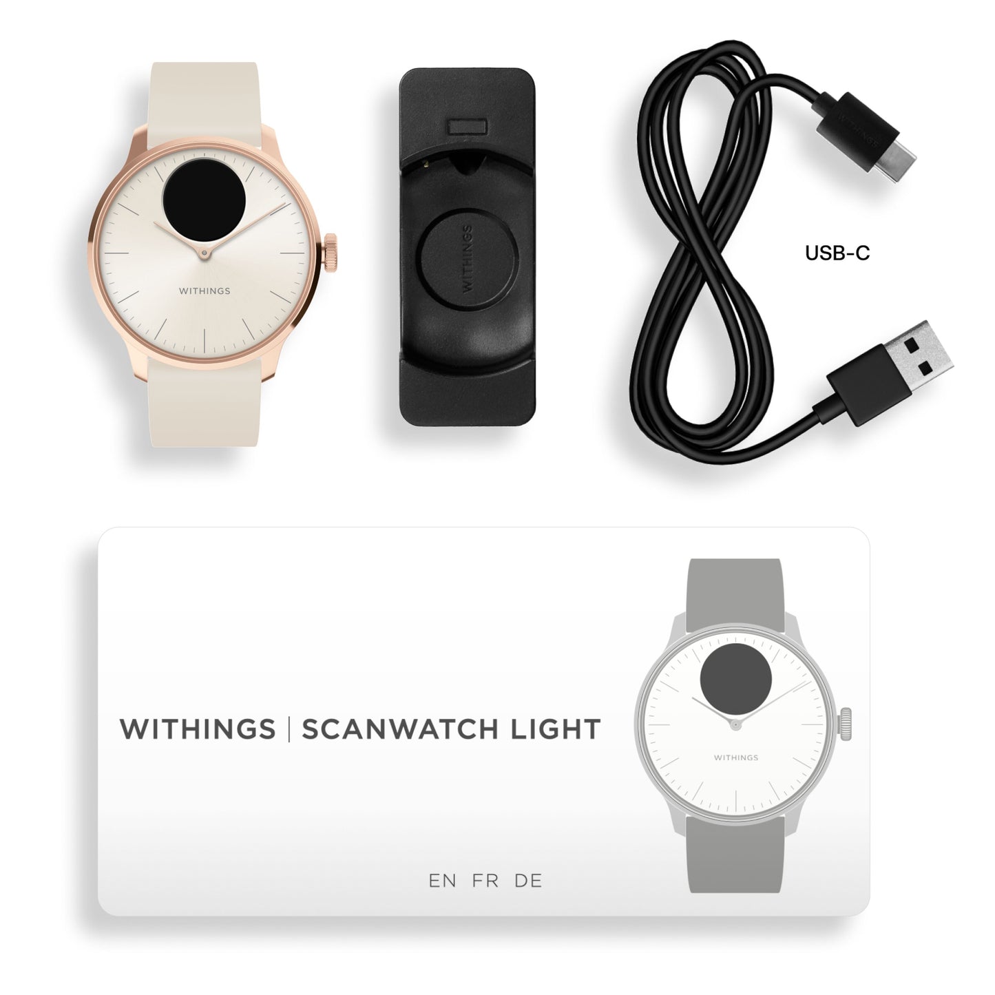 Withings Scanwatch Light smartur 37 mm rosaguld klassisk urskive inkl oplader og USB-C kabel.