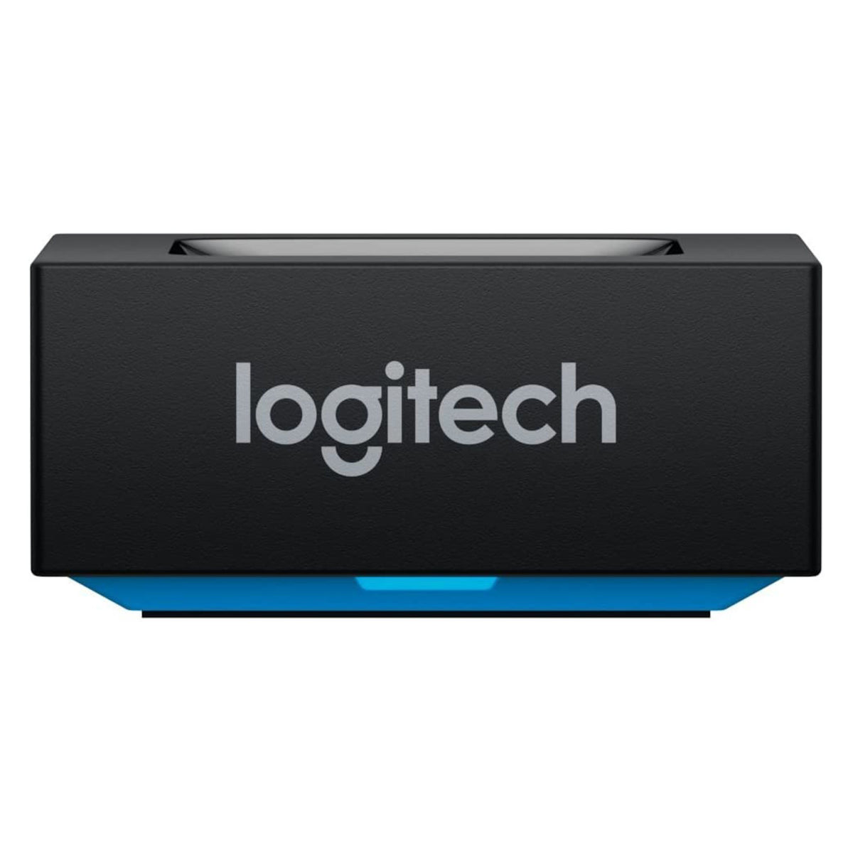 Logitech Bluetooth-modtager til højttalere og lydsystemer, sort rektangulær enhed med blå base.