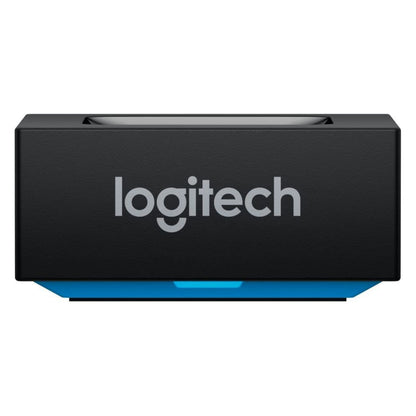 Logitech Bluetooth-modtager til højttalere og lydsystemer, sort rektangulær enhed med blå base.